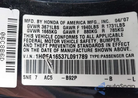 2007 Honda Civic Lx from USA, damaged, VIN 1HGFA16537L091789